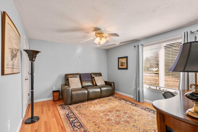 living room with ceiling fan and light hardwood / wood-style flooring