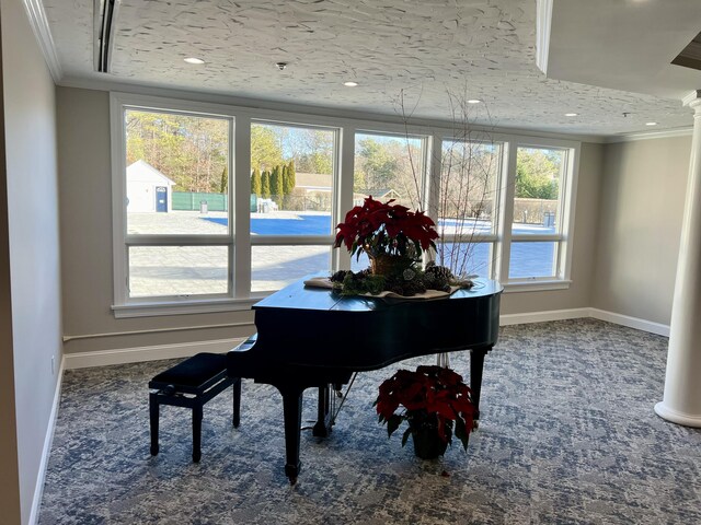 misc room featuring decorative columns, a textured ceiling, and ornamental molding