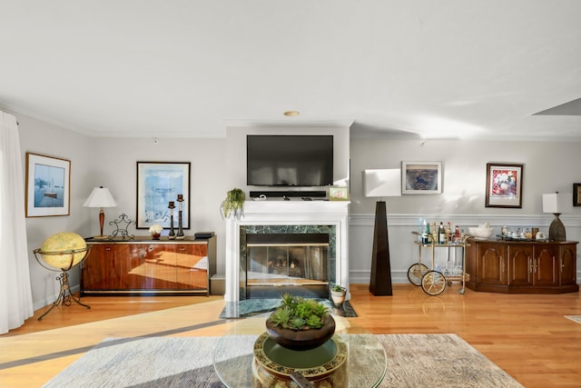 living room with crown molding, light wood-type flooring, and a premium fireplace