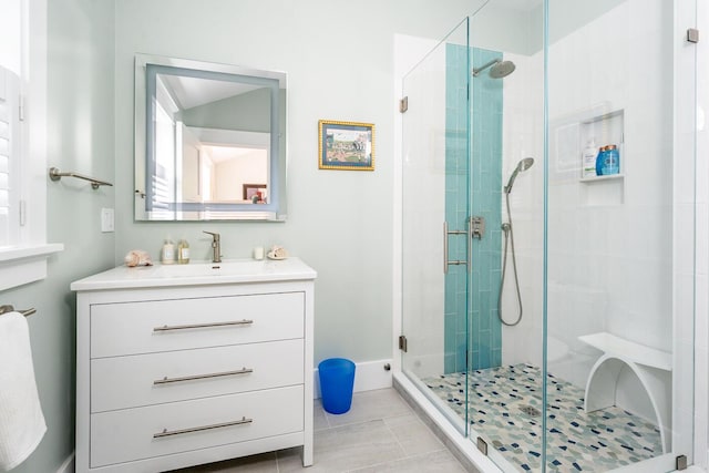 585 Santuit Rd, Cotuit, MA 02635 - full bath featuring a stall shower, vanity, and tile patterned flooring
