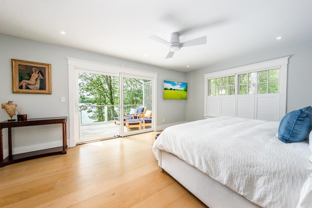 585 Santuit Rd, Cotuit, MA 02635 - bedroom with access to outside, multiple windows, wood finished floors, recessed lighting, and a ceiling fan