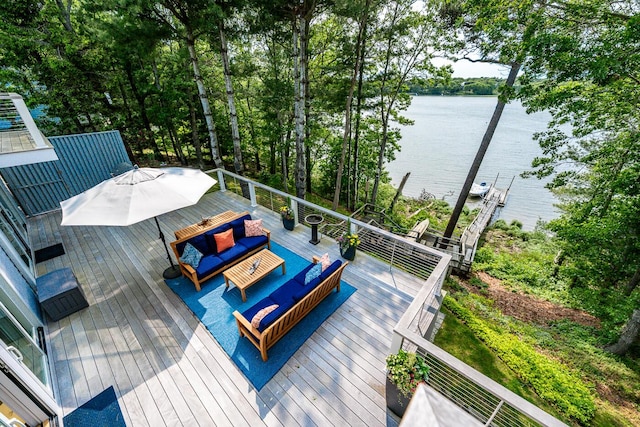585 Santuit Rd, Cotuit, MA 02635 - wooden deck featuring a water view, outdoor lounge area, and outdoor dining area
