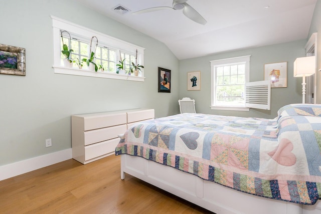 585 Santuit Rd, Cotuit, MA 02635 - bedroom with light wood-style floors, vaulted ceiling, and ceiling fan