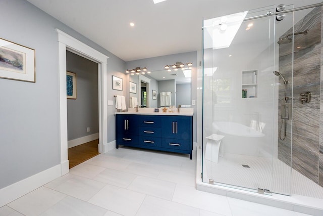 585 Santuit Rd, Cotuit, MA 02635 - full bathroom featuring double vanity, a stall shower, and recessed lighting