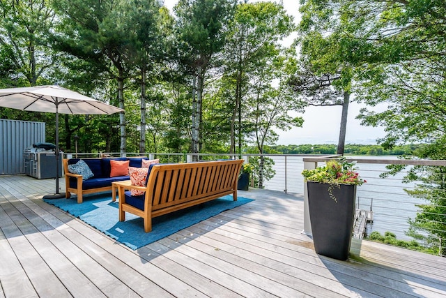 585 Santuit Rd, Cotuit, MA 02635 - wooden deck featuring an outdoor living space, a water view, and grilling area