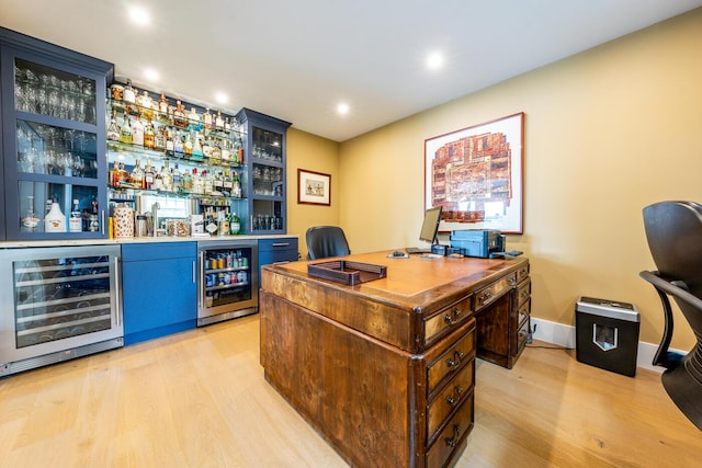585 Santuit Rd, Cotuit, MA 02635 - office space featuring wine cooler, a bar, light wood-style flooring, and recessed lighting