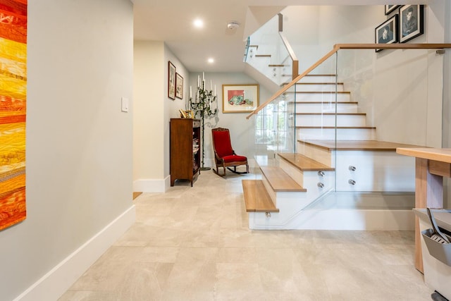 585 Santuit Rd, Cotuit, MA 02635 - entrance foyer featuring stairway, recessed lighting, and light tile patterned flooring