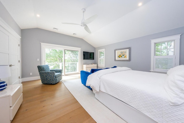 585 Santuit Rd, Cotuit, MA 02635 - bedroom with lofted ceiling, light wood finished floors, ceiling fan, and access to exterior
