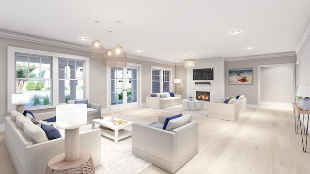 533 Woods Hole Rd Unit E301, Woods Hole, MA 02543 - living area with ornamental molding, a fireplace, light wood-type flooring, healthy amount of natural light, and baseboards