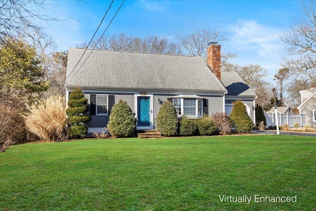 cape cod-style house with a chimney, a front lawn, and roof with shingles