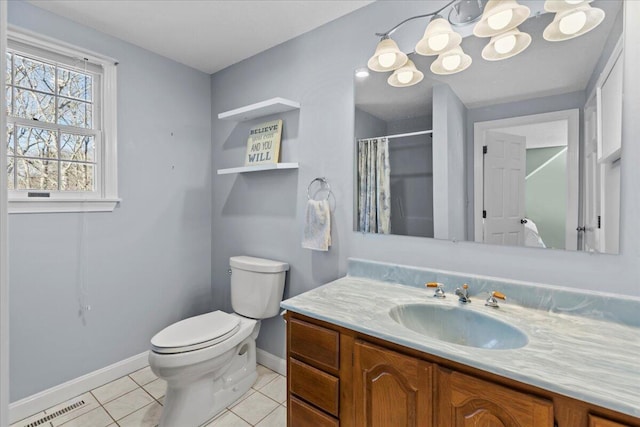 full bathroom featuring visible vents, toilet, curtained shower, tile patterned flooring, and vanity