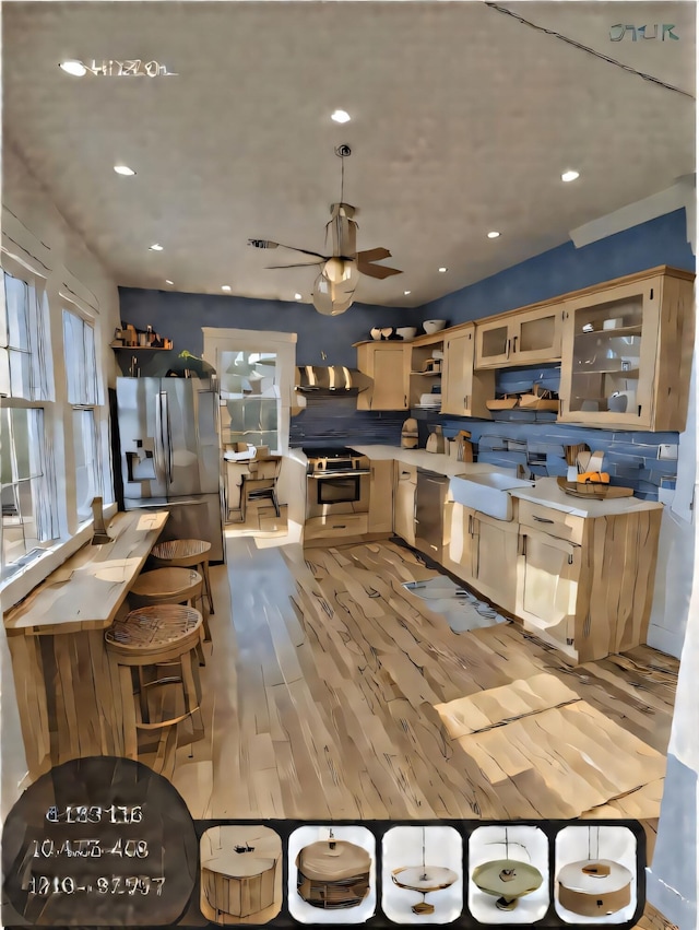 159 Pleasant Lake Ave, Harwich, MA 02645 - kitchen with appliances with stainless steel finishes, open shelves, light wood-style flooring, recessed lighting, and ceiling fan