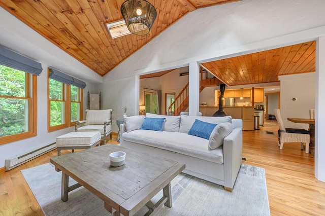 living room featuring a baseboard radiator, light wood-type flooring, vaulted ceiling, and wood ceiling