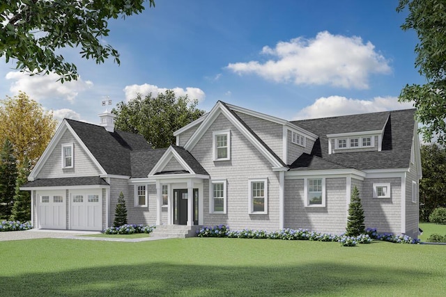 shingle-style home with driveway, an attached garage, roof with shingles, and a front yard