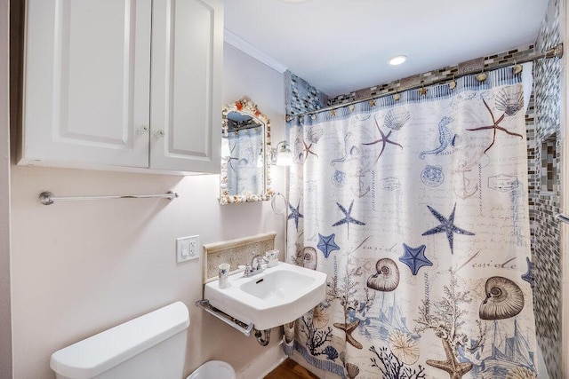 281 Gosnold St, Hyannis, MA 02601 - full bath featuring toilet, a shower with shower curtain, a sink, and ornamental molding