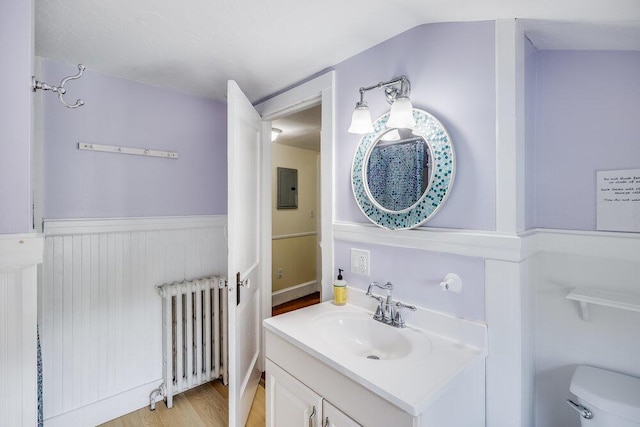 281 Gosnold St, Hyannis, MA 02601 - bathroom with radiator, vanity, electric panel, wainscoting, and toilet