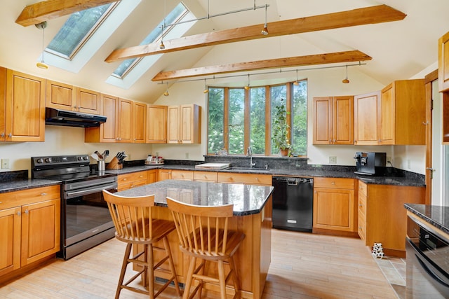 174 Middle Rd, Chilmark, MA 02535 - kitchen featuring range with electric stovetop, black dishwasher, under cabinet range hood, beam ceiling, and a skylight