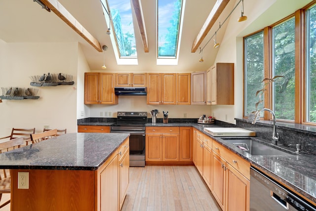 174 Middle Rd, Chilmark, MA 02535 - kitchen featuring electric range oven, under cabinet range hood, dishwasher, a skylight, and dark stone counters