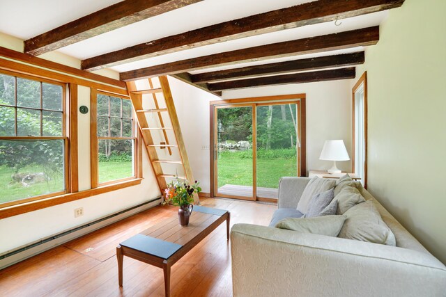 174 Middle Rd, Chilmark, MA 02535 - living area featuring baseboard heating, wood finished floors, plenty of natural light, and beam ceiling
