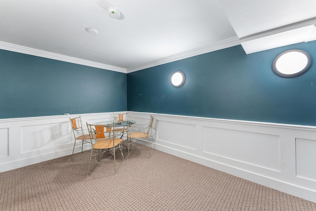 5 Bayes Hill Cir, Oak Bluffs, MA 02557 - carpeted dining area featuring wainscoting and crown molding