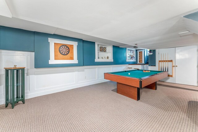 5 Bayes Hill Cir, Oak Bluffs, MA 02557 - game room with a decorative wall, carpet, billiards table, and a wainscoted wall