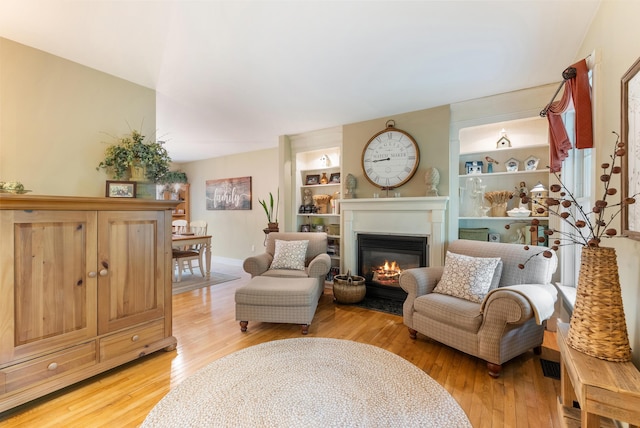 5 Bayes Hill Cir, Oak Bluffs, MA 02557 - living area with a glass covered fireplace, light wood finished floors, built in shelves, and baseboards