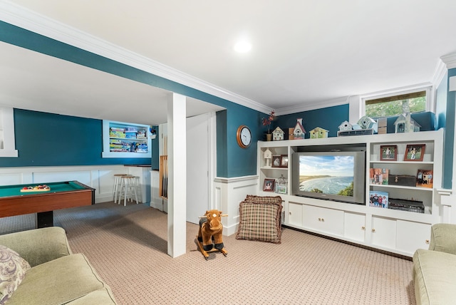 5 Bayes Hill Cir, Oak Bluffs, MA 02557 - living room with pool table, carpet, crown molding, a wainscoted wall, and a decorative wall