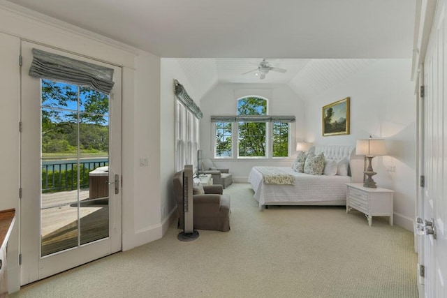 14 Indian Trl, Osterville, MA 02655 - bedroom featuring carpet floors, access to exterior, vaulted ceiling, and a ceiling fan