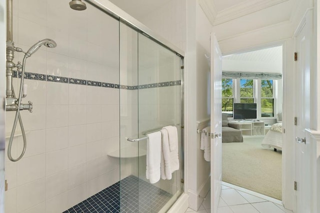 14 Indian Trl, Osterville, MA 02655 - ensuite bathroom with ornamental molding, a shower stall, and tile patterned floors