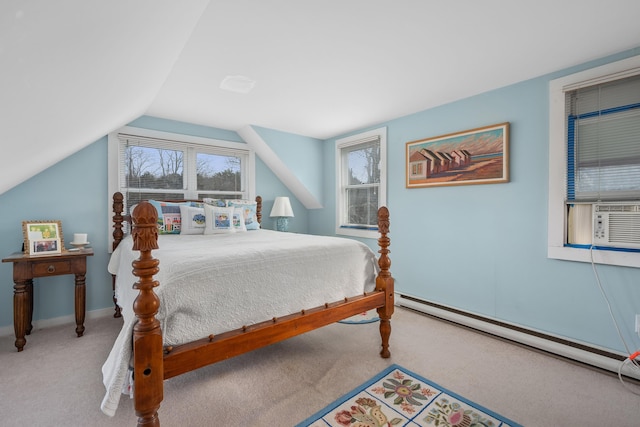 carpeted bedroom with lofted ceiling, cooling unit, and baseboard heating