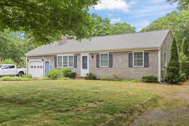 196 Commons Way, Brewster, MA 02631 - view of front facade featuring a garage, a chimney, a shingled roof, and a front lawn