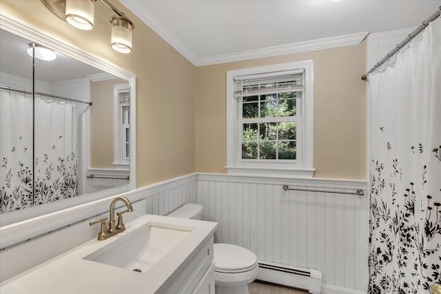 bathroom featuring toilet, walk in shower, a baseboard heating unit, and ornamental molding