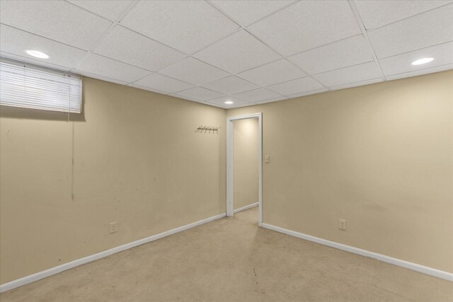 basement featuring a drop ceiling and carpet floors