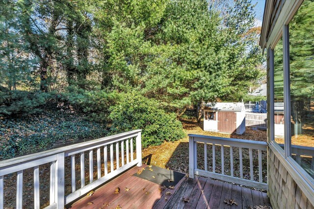 wooden terrace with a storage unit