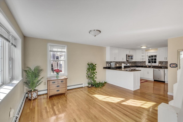 kitchen with kitchen peninsula, white cabinetry, a baseboard heating unit, and appliances with stainless steel finishes