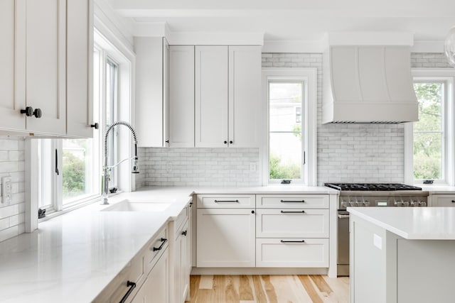 kitchen with white cabinetry, sink, high end range, light stone counters, and custom range hood