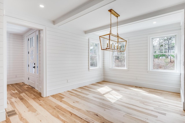 interior space featuring recessed lighting, light wood finished floors, visible vents, and wooden walls