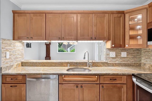87 Susanna Dr, Brewster, MA 02631 - kitchen featuring stainless steel appliances, light stone countertops, backsplash, glass insert cabinets, and brown cabinets