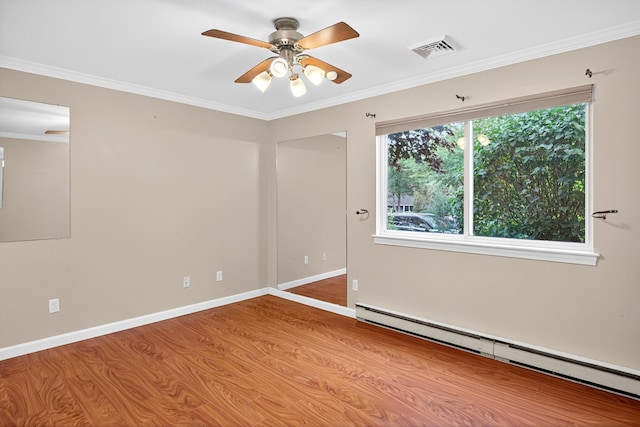 87 Susanna Dr, Brewster, MA 02631 - unfurnished room with baseboard heating, wood finished floors, a ceiling fan, and ornamental molding