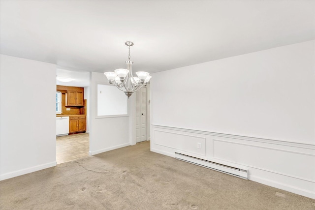 unfurnished dining area with a notable chandelier, light colored carpet, and a baseboard heating unit