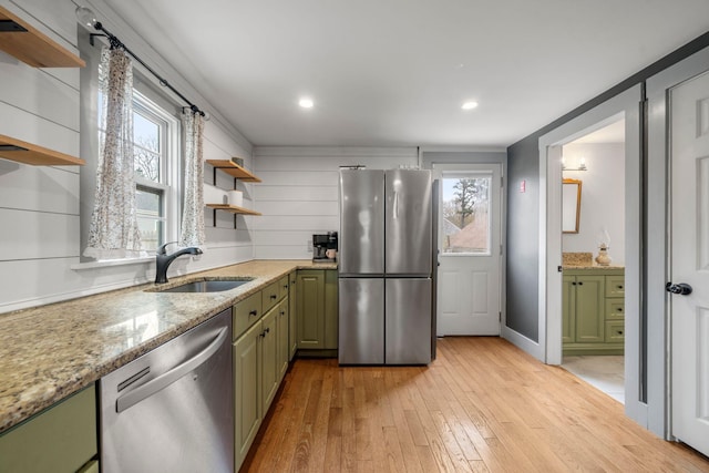 18 Race Rd, West Yarmouth, MA 02673 - kitchen featuring stainless steel appliances, green cabinets, open shelves, a sink, and recessed lighting