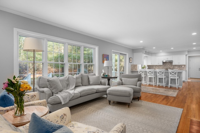 living room featuring hardwood / wood-style flooring and crown molding