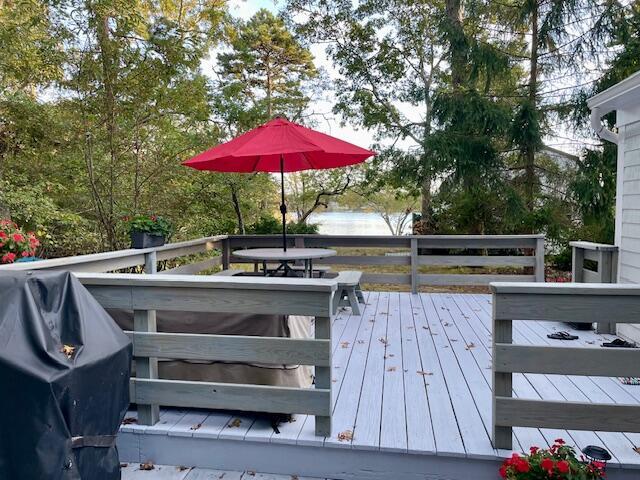 wooden deck featuring outdoor dining area and grilling area