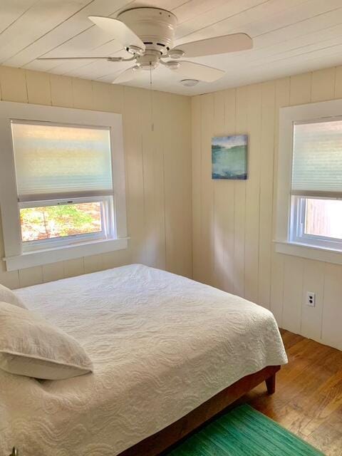 bedroom featuring a ceiling fan, multiple windows, and wood finished floors