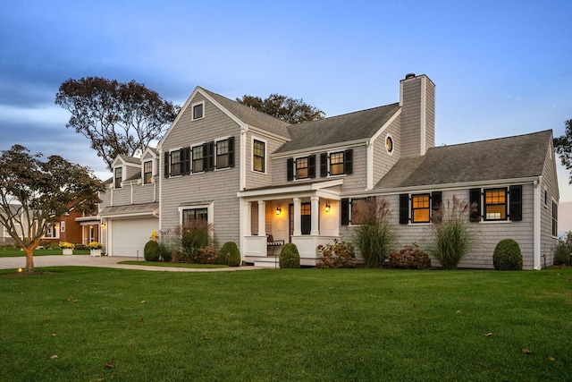 view of front of property with a garage, a front lawn, and a porch