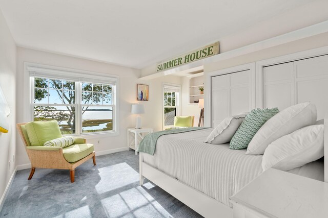 bedroom with carpet floors and two closets