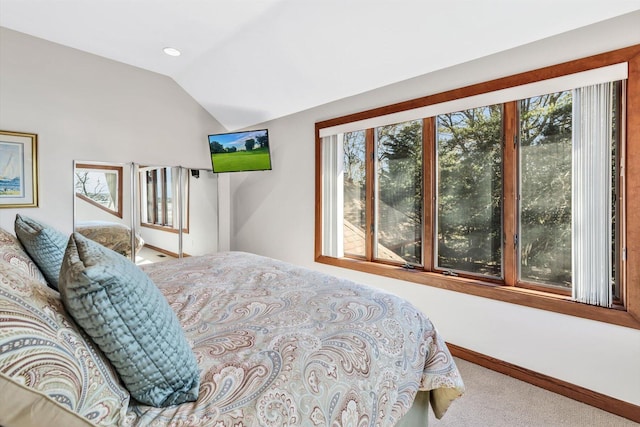 carpeted bedroom with lofted ceiling