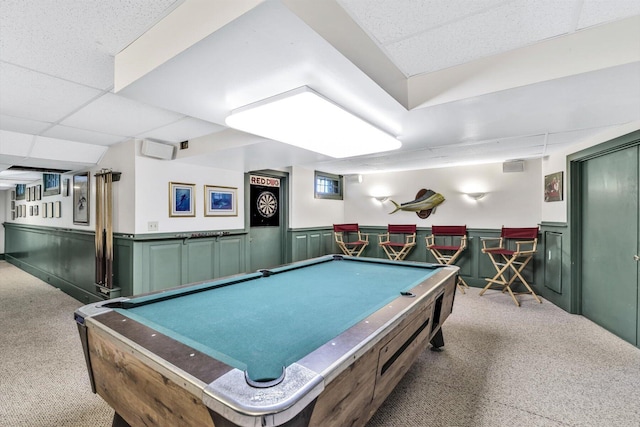 recreation room featuring carpet floors, a drop ceiling, billiards, and indoor bar