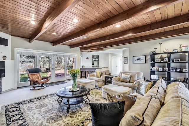 living room with wooden ceiling, beamed ceiling, and french doors