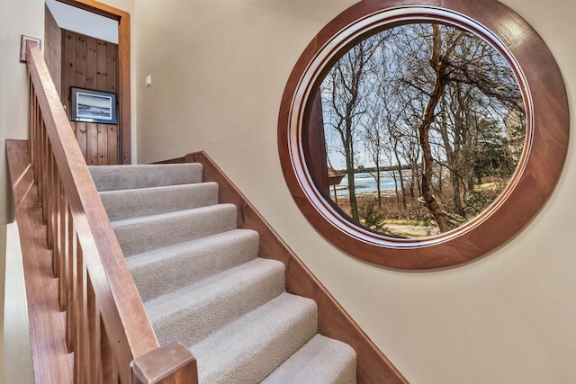 stairs with a water view